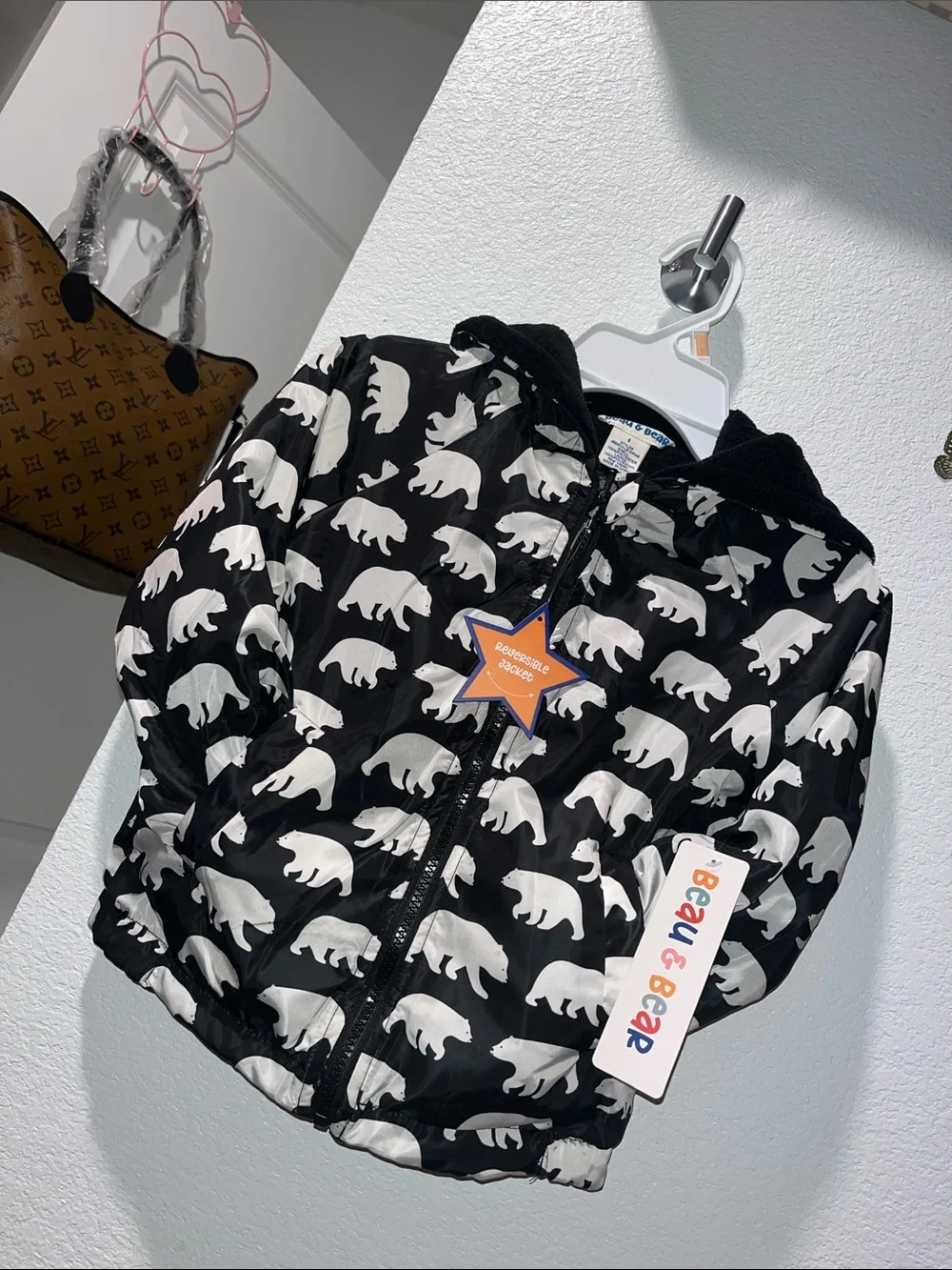Black Polar Bear Print Kids Puffer Jacket